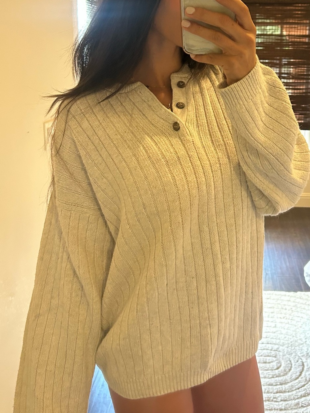 Route 66 Cream Ribbed Henley Sweater